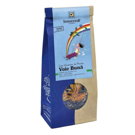Ceai Voie Buna - BIO ( Frunze de zmeur si mur, Galbenele, Albastrele, Floarea-soarelui, Izma buna)