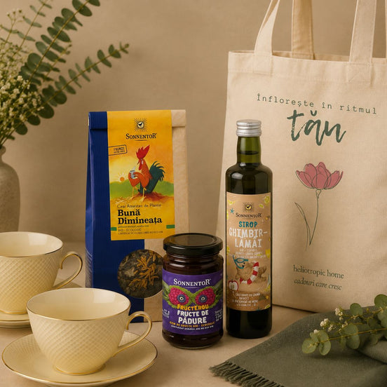 O dimineață fără grabă – cadou cu set VESPER, ceai BIO, gem, sirop & tote bag
