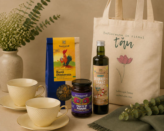 O dimineață fără grabă – cadou cu set VESPER, ceai BIO, gem, sirop & tote bag