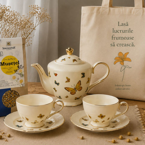 Grădina cu fluturi – cadou cu ceainic & set BUTTERFLIES, Mușețel BIO & tote bag