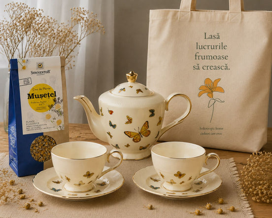 Grădina cu fluturi – cadou cu ceainic & set BUTTERFLIES, Mușețel BIO & tote bag