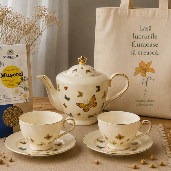 Grădina cu fluturi – cadou cu ceainic & set BUTTERFLIES, Mușețel BIO & tote bag