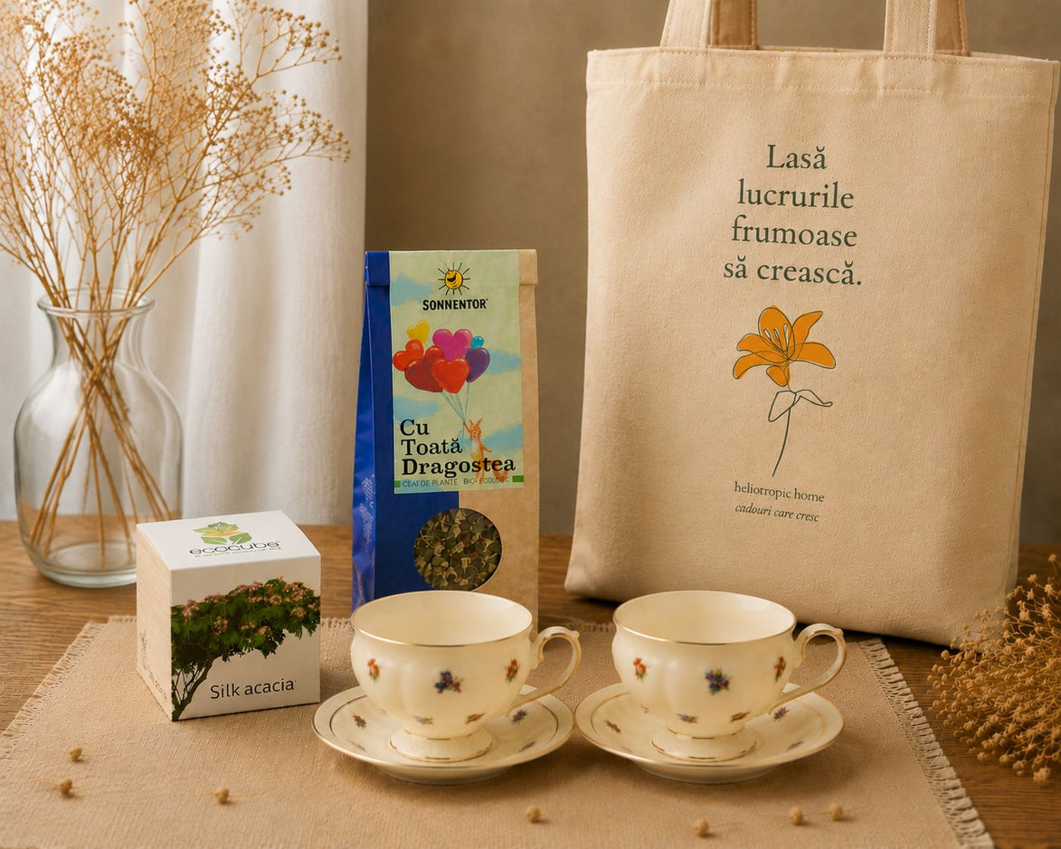 Un nou început – cadou cu Ecocube Acacia, ENGLAND, ceai BIO & tote bag