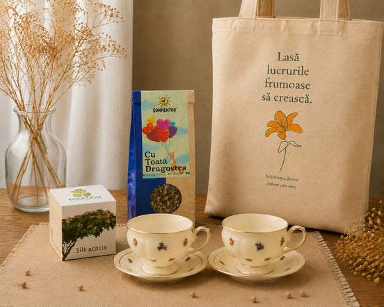 Un nou început – cadou cu Ecocube Acacia, ENGLAND, ceai BIO & tote bag