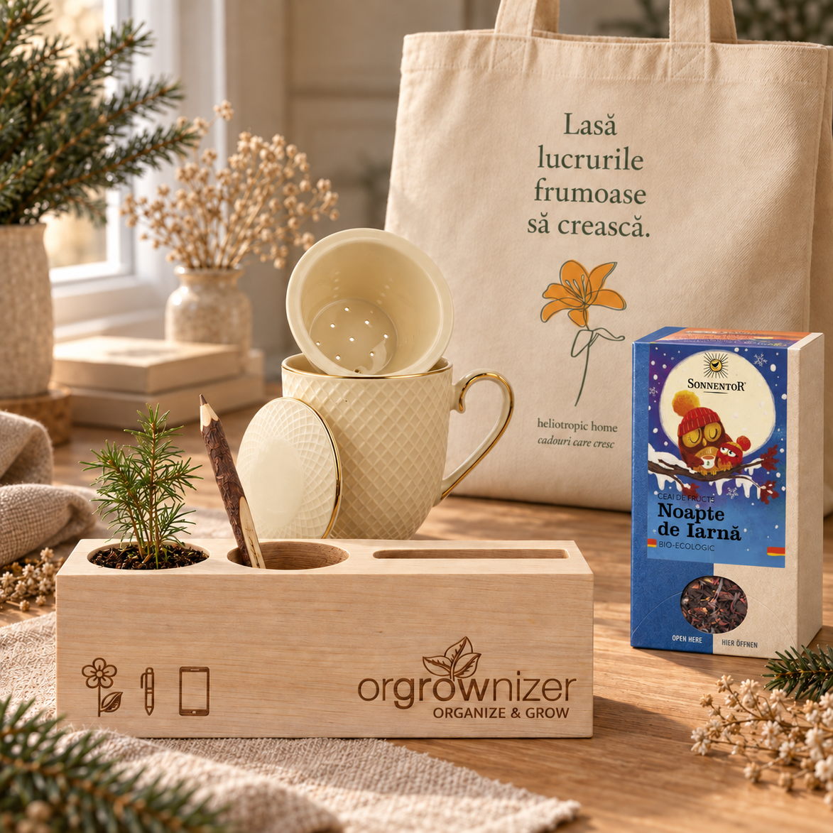Crăciun la birou – cadou cu OrGrowNizer, cană VESPER, ceai BIO & tote bag