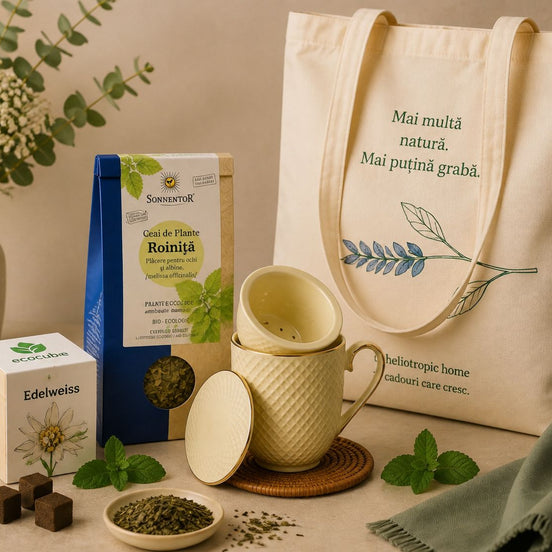 Grow & Slow – cadou cu EcoCube, cană cu infuzor, ceai BIO & tote bag