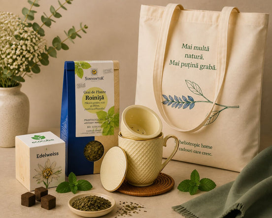 Grow & Slow – cadou cu EcoCube, cană cu infuzor, ceai BIO & tote bag